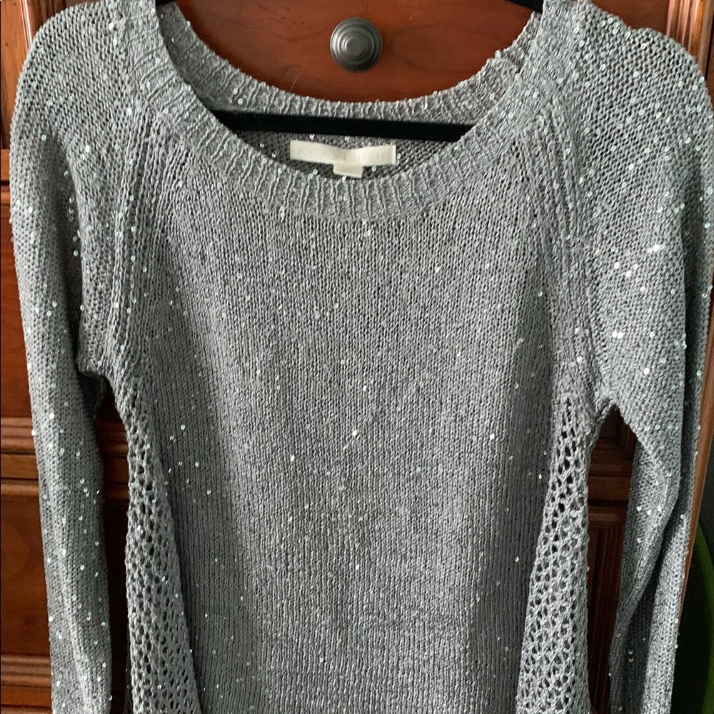 Boston Proper knit sequin flowing sweater with side netting design